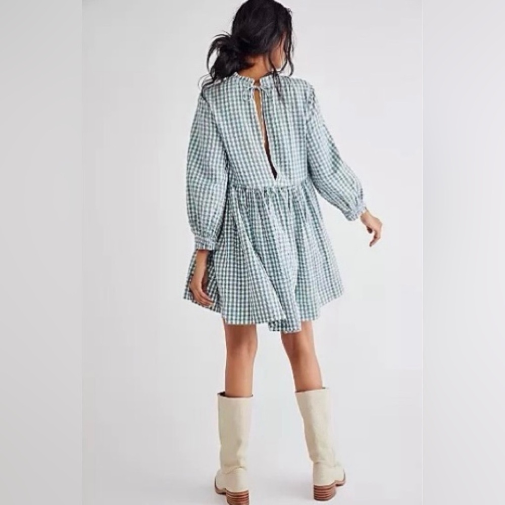 Free People Sage Green Gingham Mini Dress